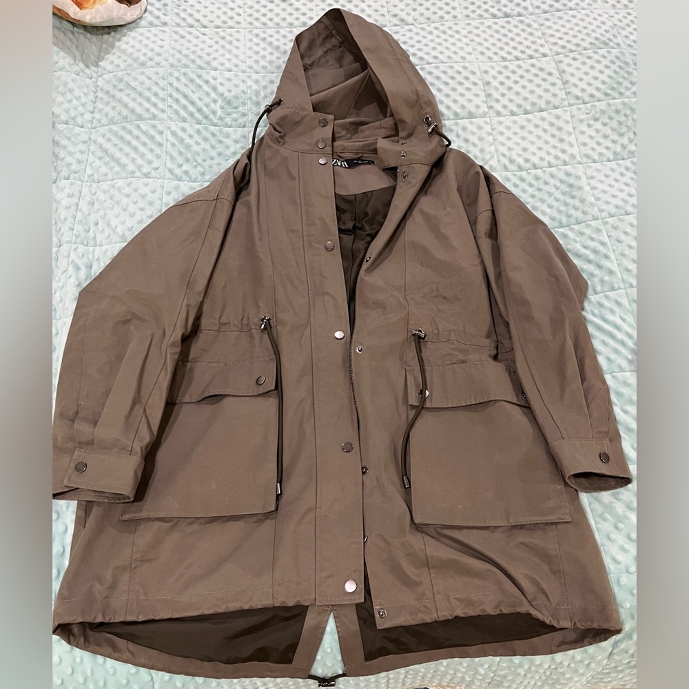 Zara Olive Green Oversized Hooded Raincoat L